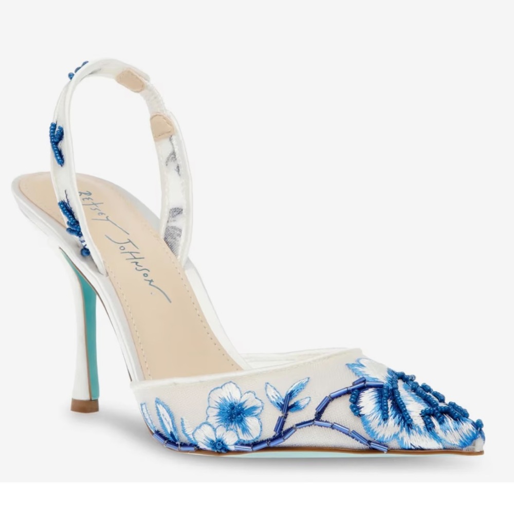 Betsey Johnson White and Blue Floral Heels